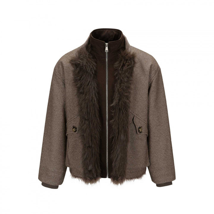 Women's Short Boxy Jacket with Teddy Lining, Stand Collar and Flap Pockets Mune Fashion