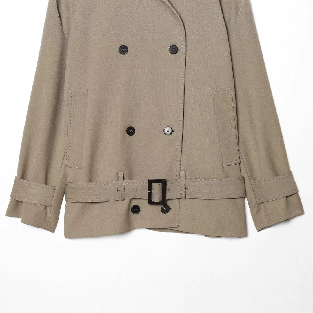 Women Short Trench Coat with High Stand Collar, Double-Breasted Button Placket and Waist Belt Mune Fashion