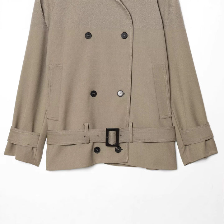 Women Short Trench Coat with High Stand Collar, Double-Breasted Button Placket and Waist Belt Mune Fashion