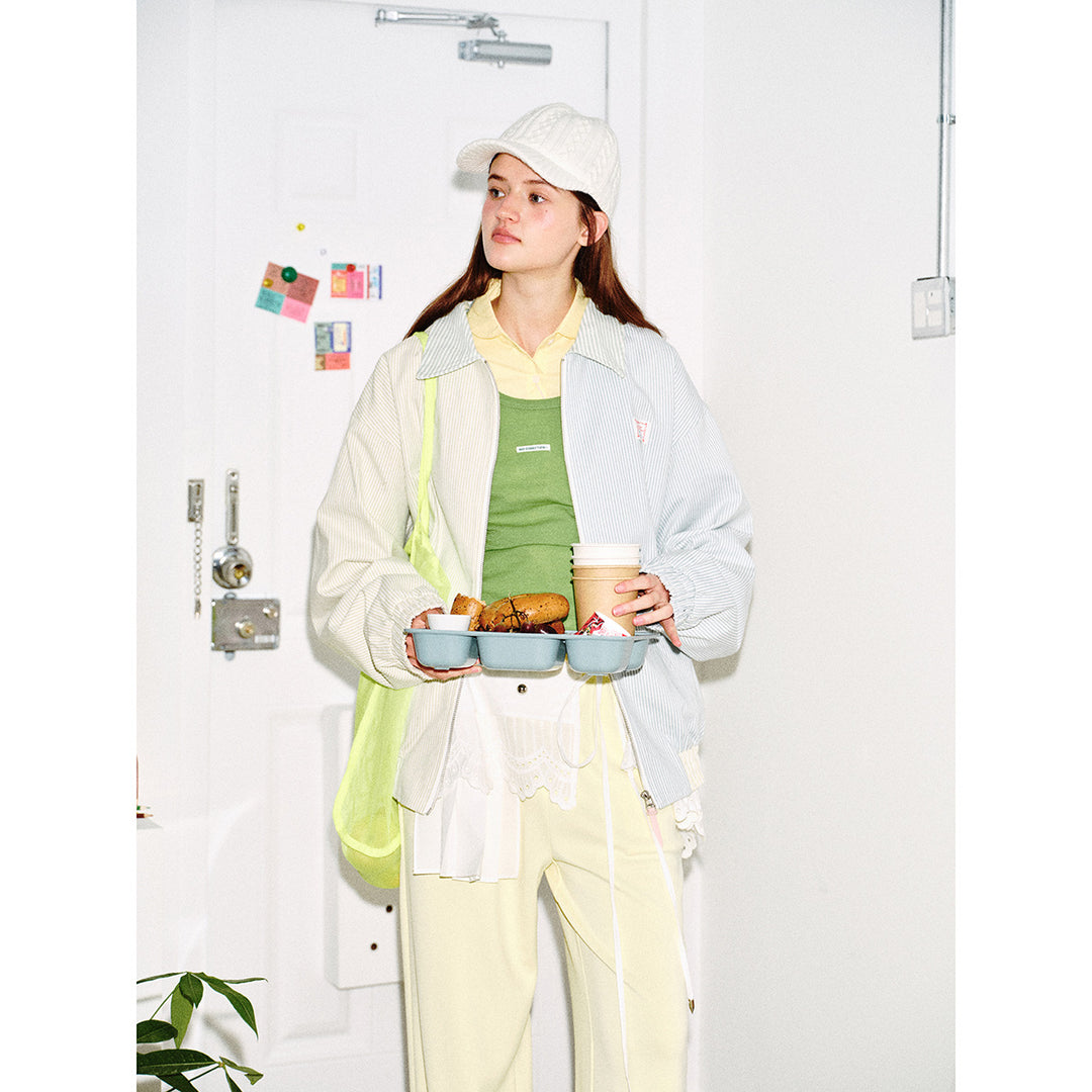 Unisex Striped Pastel Corduroy Jacket in Boxy Cut with Shirt Collar and Elastic Cuff Mune Fashion