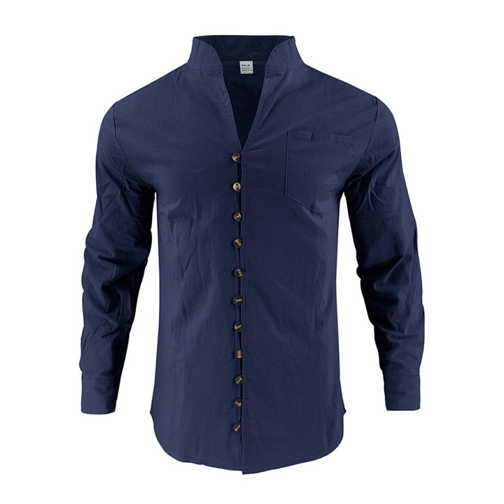 Men's shirt with stand-up collar and asymmetrical button placket made of linen mix Mune Fashion