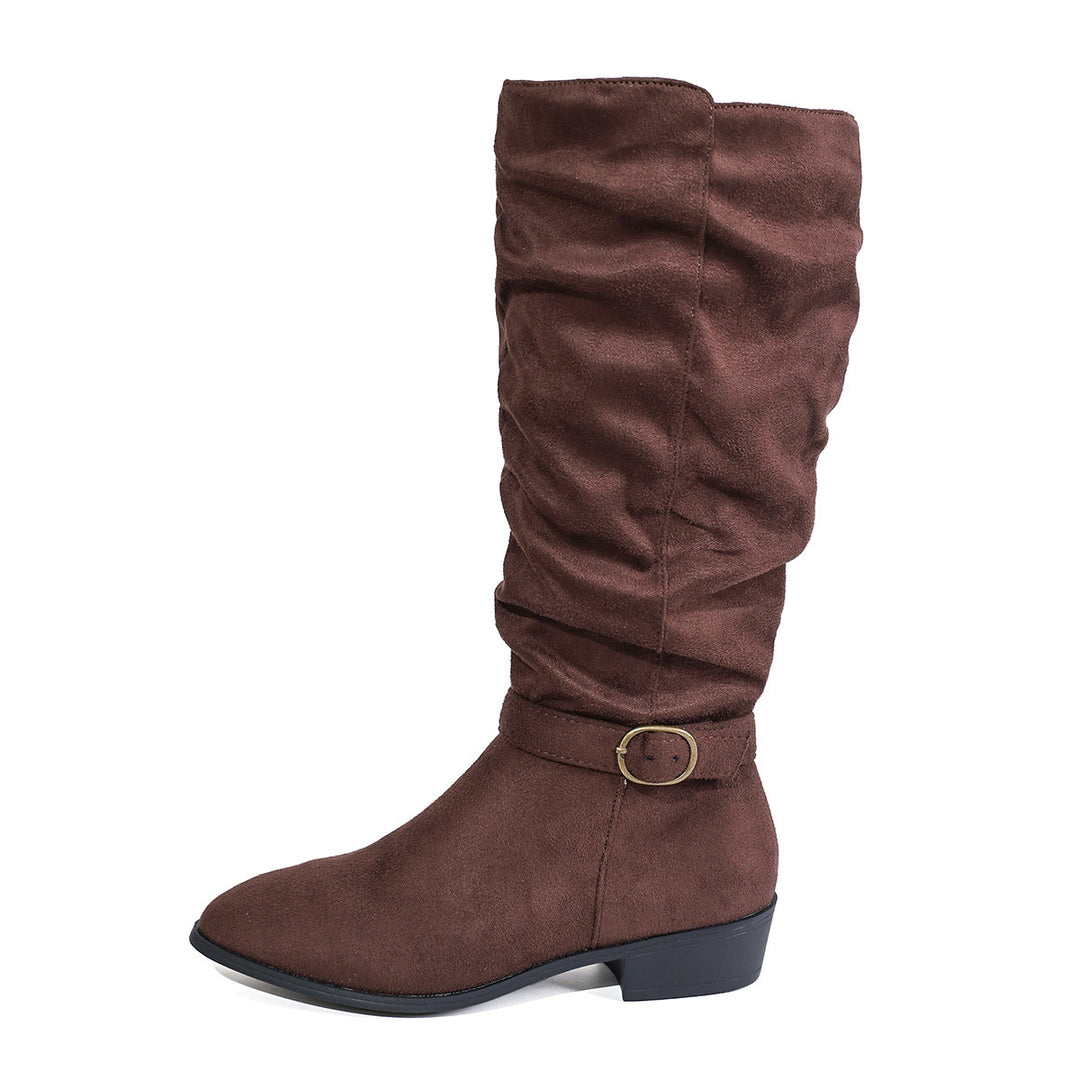 Women's knee-high slouch boots made of soft micro velvet with decorative belt and low block heel Mune Fashion