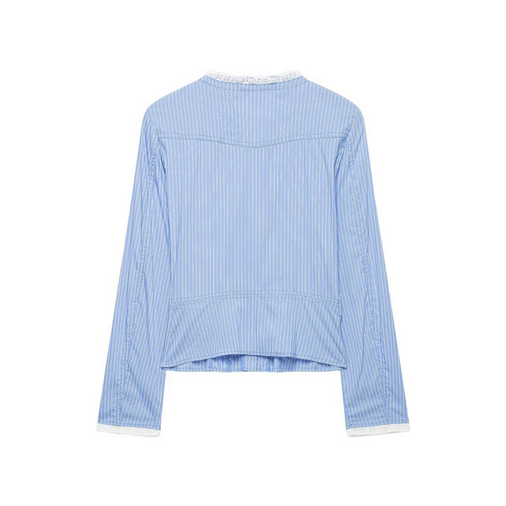 Women's Short Blazer with Lace Trim and Fine Pinstripe Drune