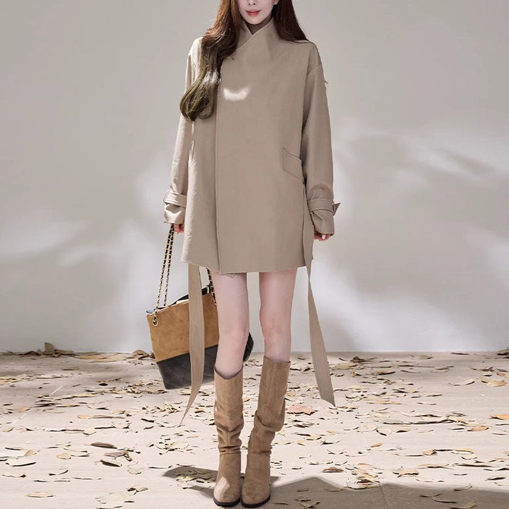 Women Short Wrap Coat Dress with Waist Belt and Casual A-Line Mune Fashion