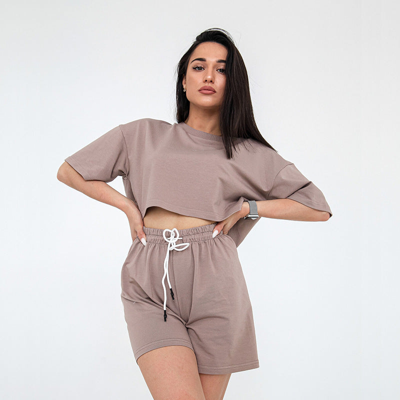 Women Two-Piece Cropped Lounge Set made of Cotton Jersey with Elastic Drawstring Shorts Mune Fashion