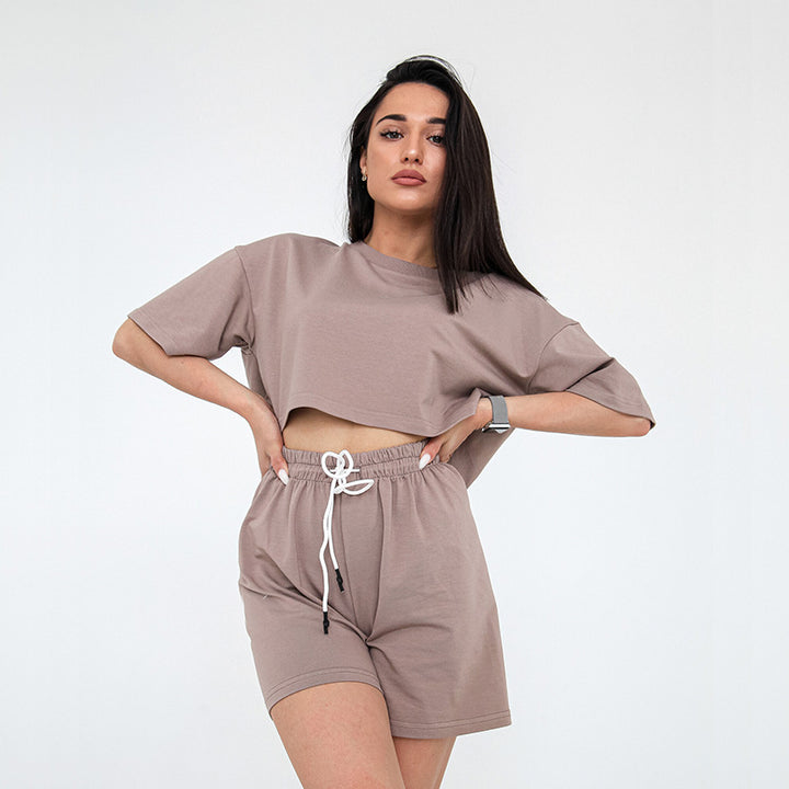 Women Two-Piece Cropped Lounge Set made of Cotton Jersey with Elastic Drawstring Shorts Mune Fashion