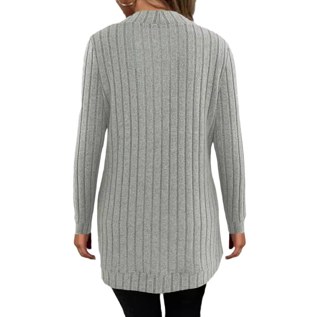 Women Long Open Ribbed Knit Cardigan with Rounded Hem Drune