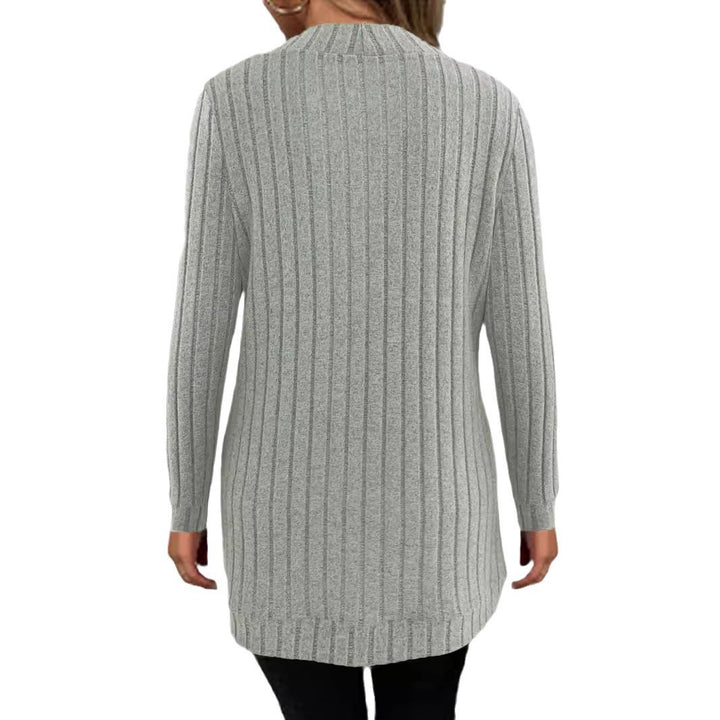 Women Long Open Ribbed Knit Cardigan with Rounded Hem Drune