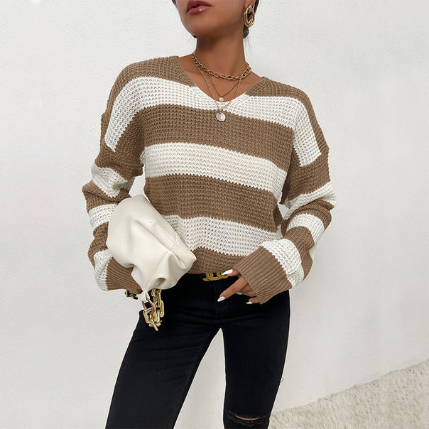 Women Striped Knit Sweater with V-Neck and Casual Oversize Fit Mune Fashion