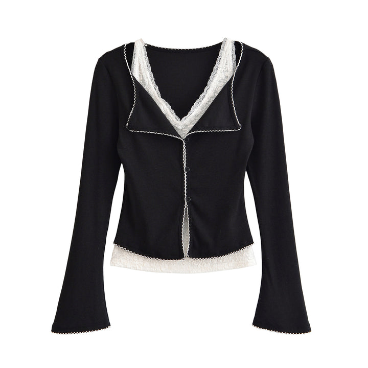 Women tailored button vest with lace trim and flared sleeves Mune Fashion
