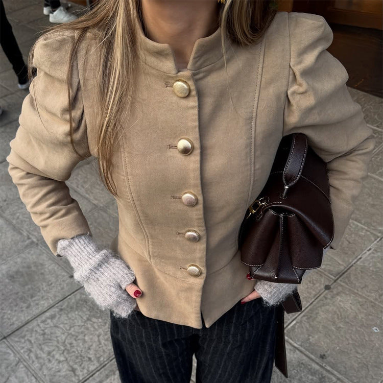 Women's Tailored Suede Look Blazer with Stand-Up Collar and Golden Decorative Buttons Mune Fashion
