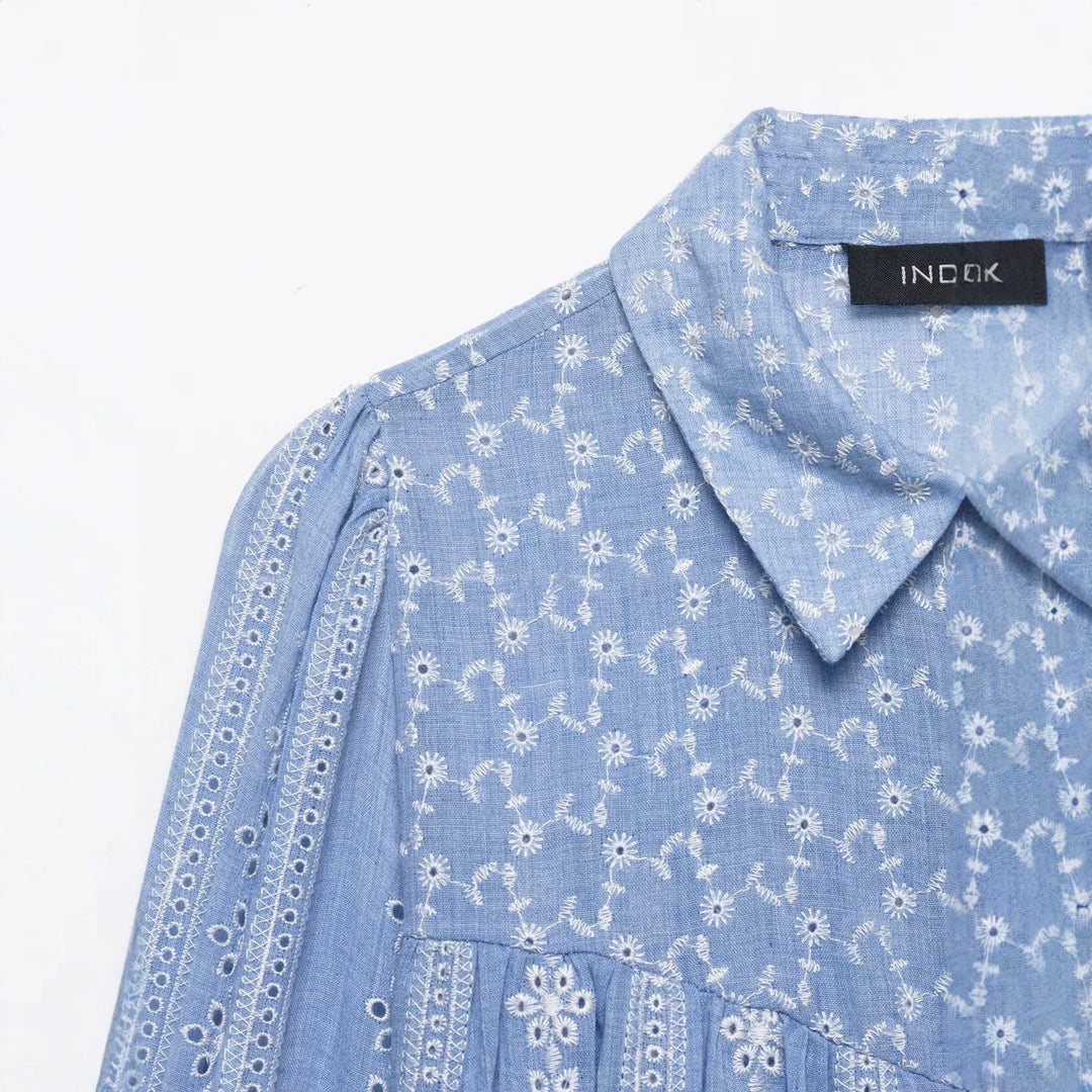 Women's loosely fitted embroidered blouse with broderie details, button placket, and voluminous balloon sleeves Mune Fashion