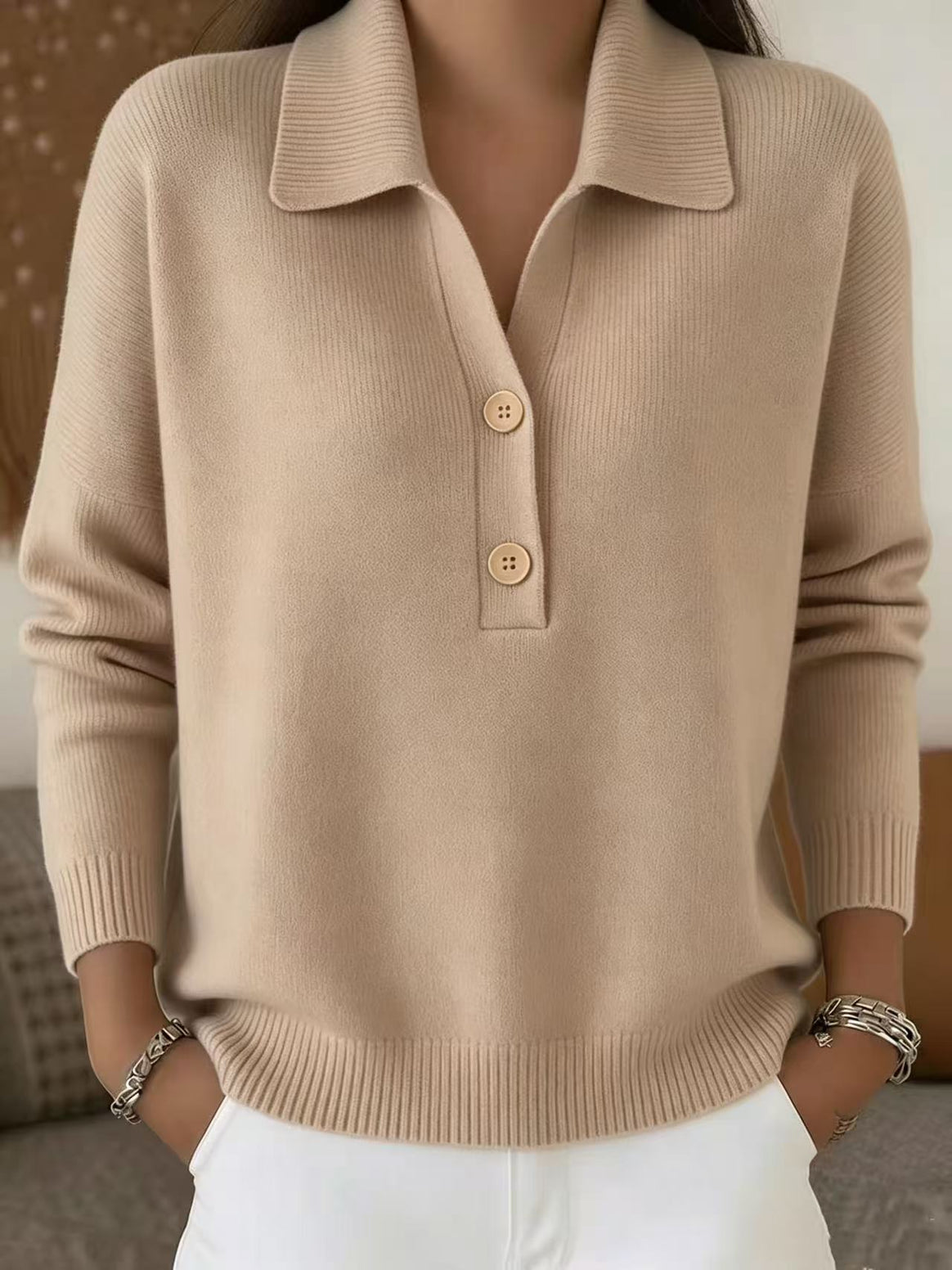 Women's casual fine knit polo collar sweater with two-button placket Mune Fashion