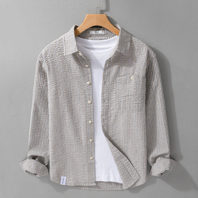 Men's Textured Stripe Shirt in Relaxed Fit made of Cotton-Linen Blend with Chest Pocket Mune Fashion