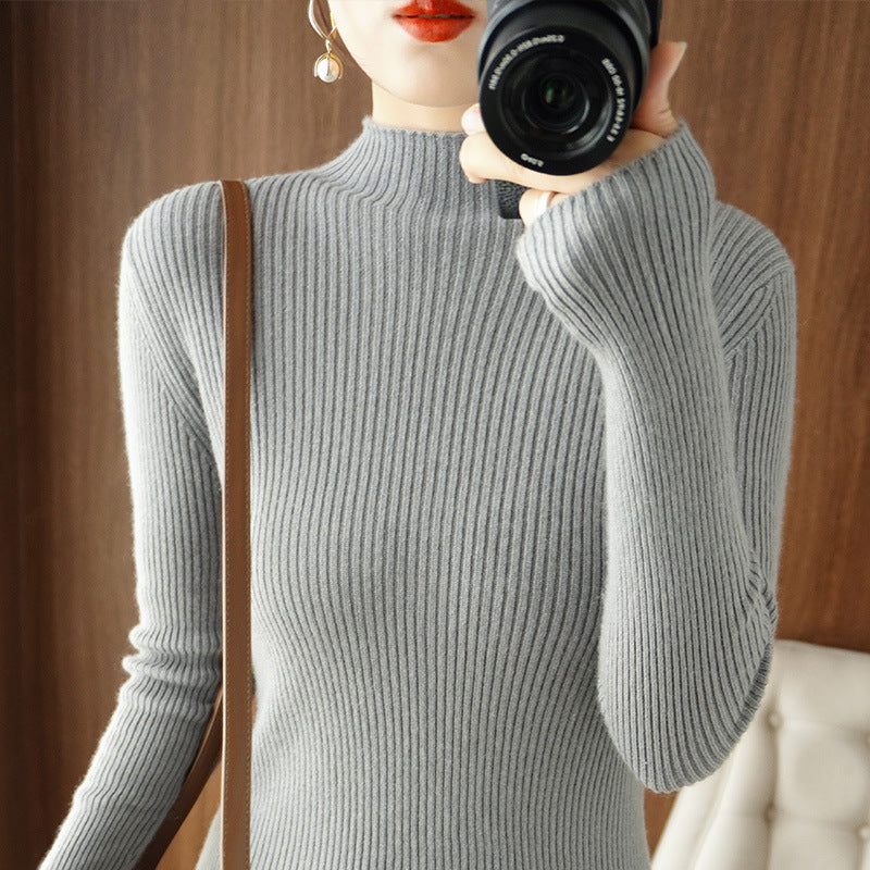 Women's Body-Hugging Ribbed Knit Turtleneck Sweater with Stretch Effect Mune Fashion