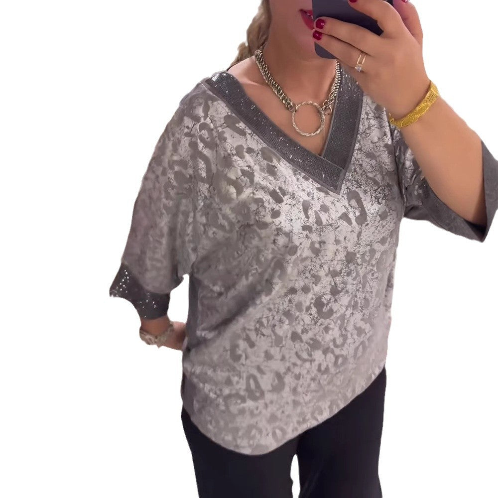 Women's shimmering Jacquard blouse shirt with V yoke in jewelry look and three-quarter sleeves Mune Fashion