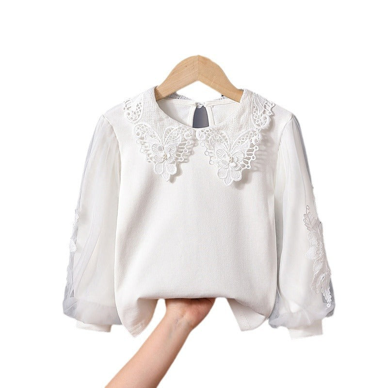 Girls fashionable blouse with elegant tulle sleeves and artistic lace decoration Mune Fashion