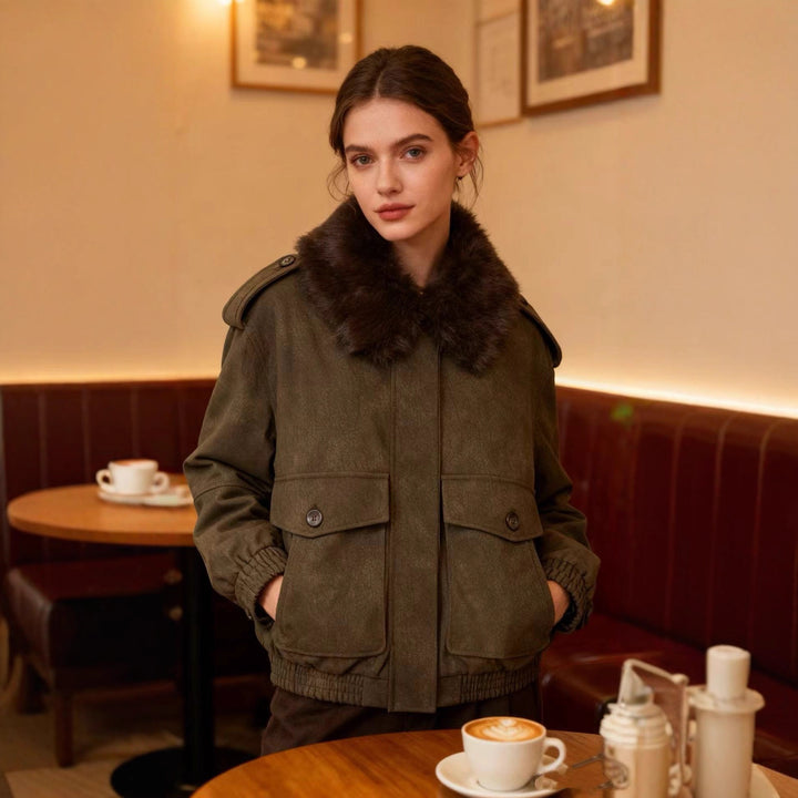 Women’s short jacket in suede look with removable fur collar and flap pockets Mune Fashion