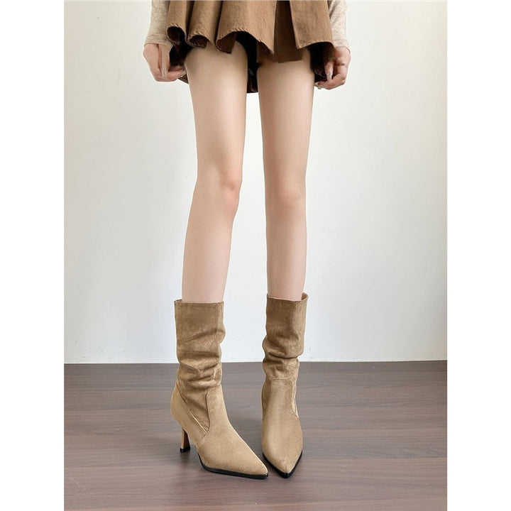 Women Mid-Calf Gathered Ankle Boots with Pointed Toe and Shaped Stiletto Mune Fashion