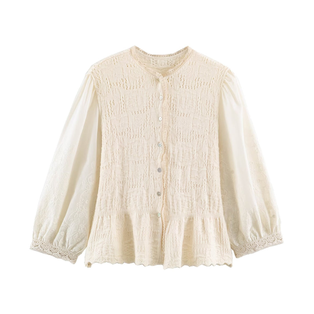 Women's fine knit cardigan in blouse style with embroidered puff sleeves and ruffle hem Mune Fashion