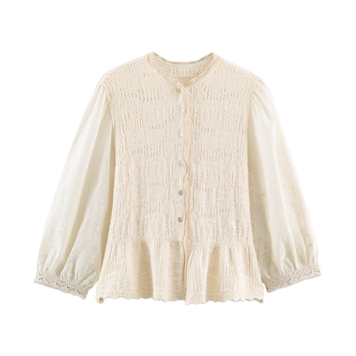 Women's fine knit cardigan in blouse style with embroidered puff sleeves and ruffle hem Mune Fashion