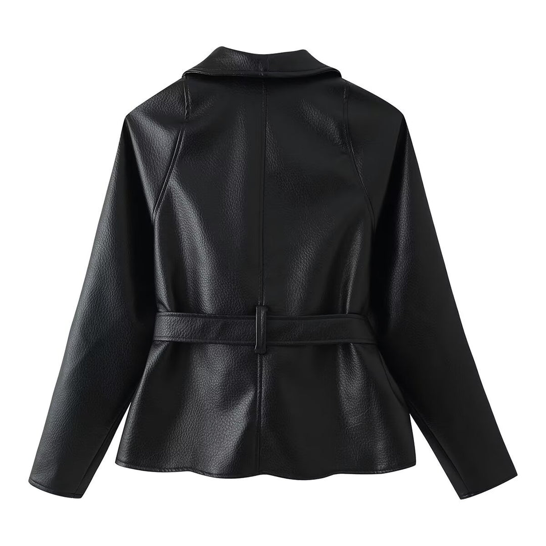 Women Tailored Faux Leather Jacket with Shawl Collar and Tied Belt Drune