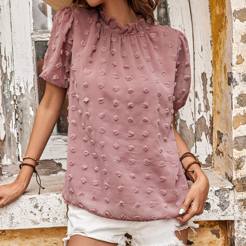 Ladies Chiffon blouse with structured pom-pom, ruffled stand-up collar and puff sleeves Mune Fashion