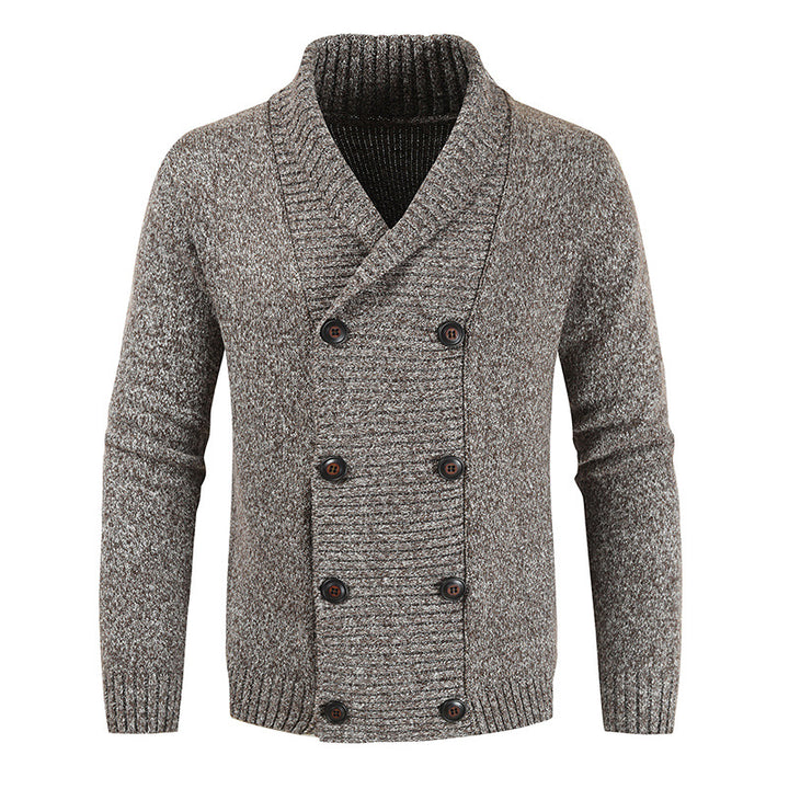Men's double-breasted knitted cardigan with shawl collar, structured stitch look, and ribbed cuffs Mune Fashion
