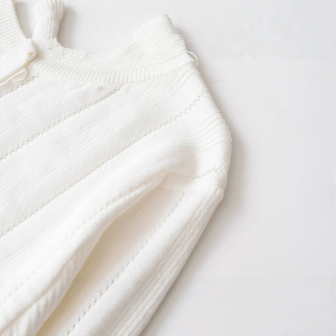 Women Cropped Fine Knit Cardigan with Hole Stripes, Round Neck and Decorative Button Placket Mune Fashion