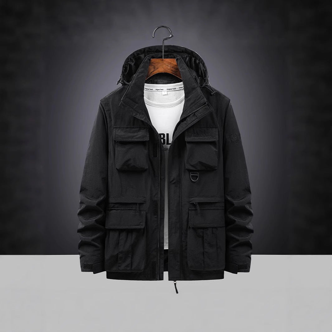 Men's multifunctional field jacket with hood collar, cargo pockets, and D-ring Mune Fashion