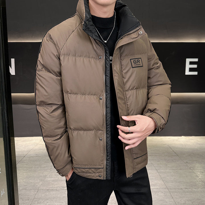 Men's Padded Quilted Jacket with High Collar, Press Stud Placket & Contrasting Side Stripe Mune Fashion