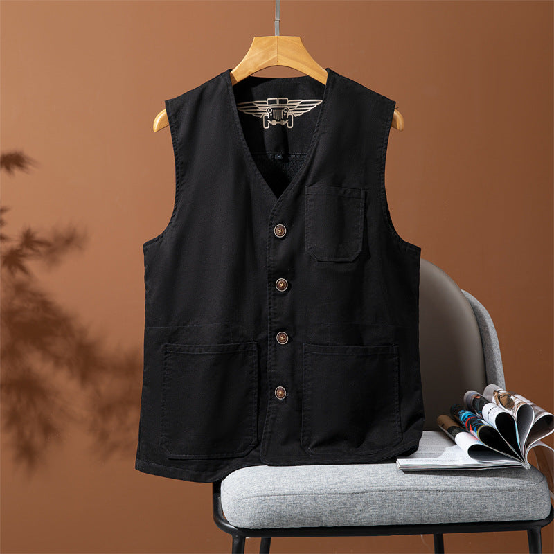 Men's Canvas Utility Vest with Multiple Pockets and Button Placket Mune Fashion