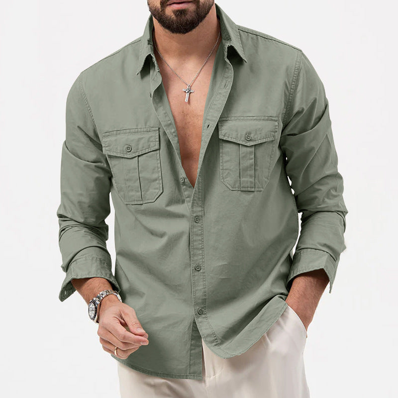 Men's casual long-sleeve shirt with Kent collar, two chest flap pockets, and light cotton stretch Mune Fashion