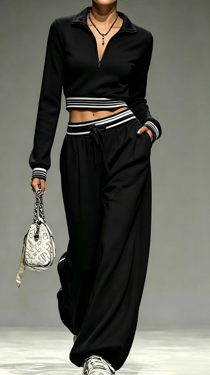 Women Cropped Training Set with Half Zipper Collar and Wide Pleated Jogger Mune Fashion