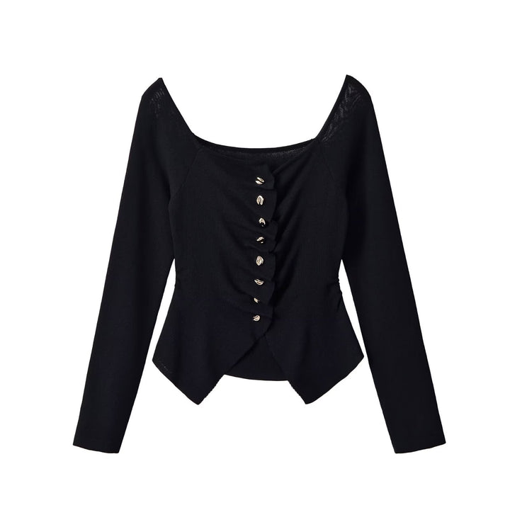 Women's Ruffled Long Sleeve Top with Square Neckline, Asymmetric Button Placket and Peplum Mune Fashion