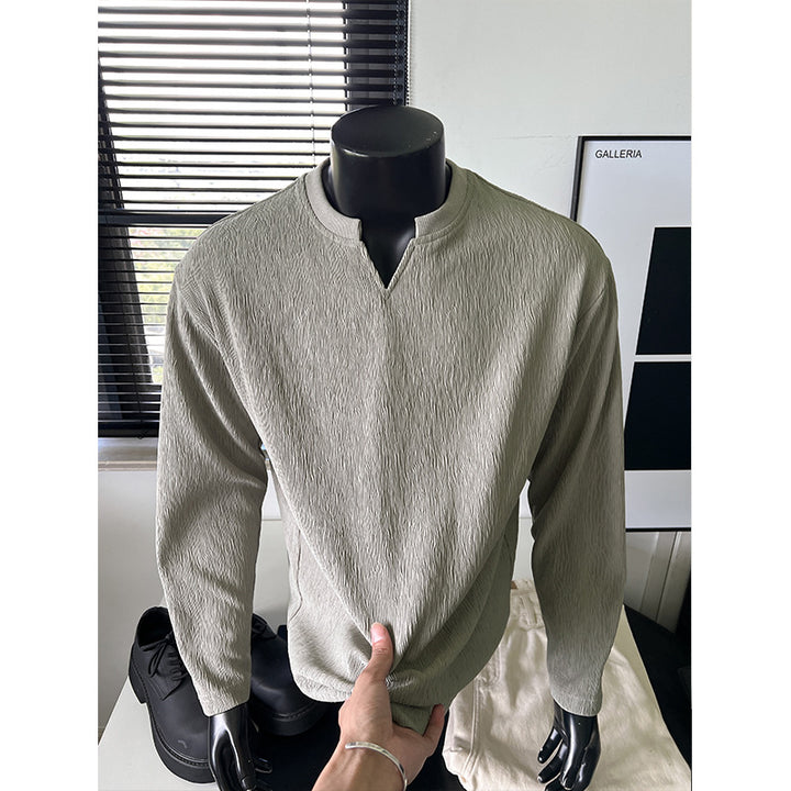 Men's finely structured long sleeve shirt with stand-up collar and V-insert Mune Fashion