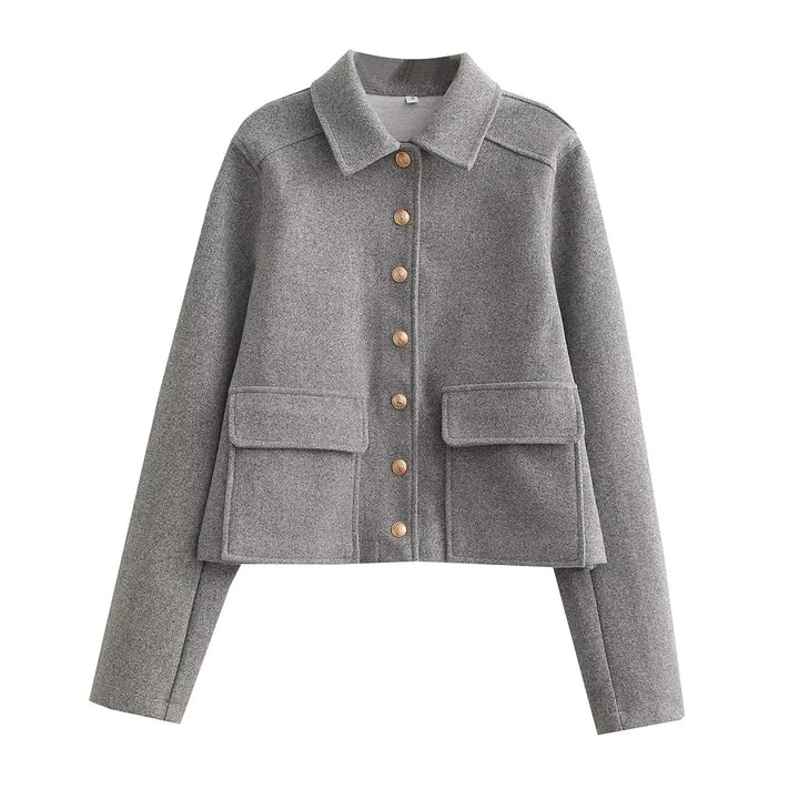 Women's short wool blend overshirt with flap pockets and decorative button placket Mune Fashion