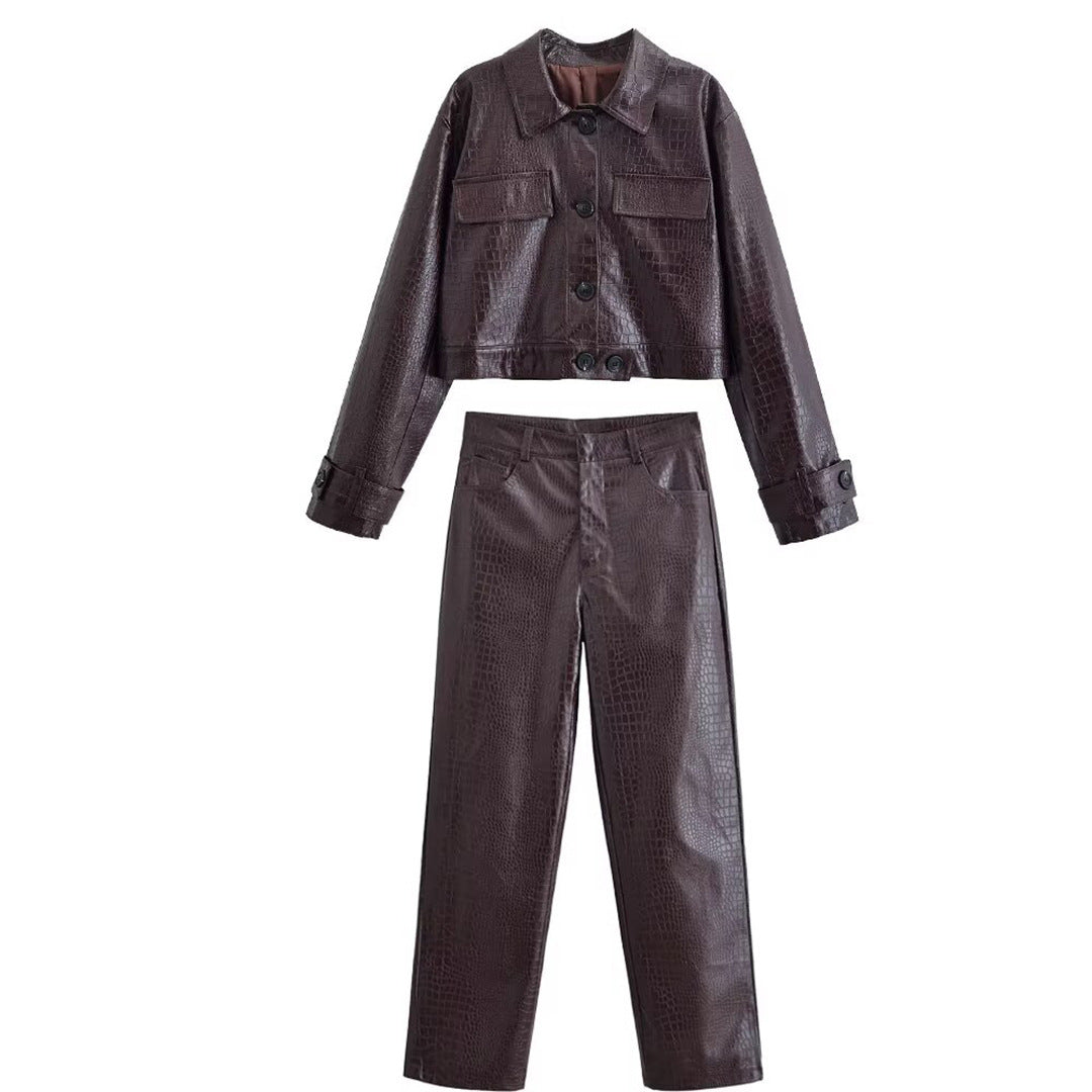 Women High-Waisted Straight-Leg Faux Leather Pants with Crocodile Embossing Mune Fashion