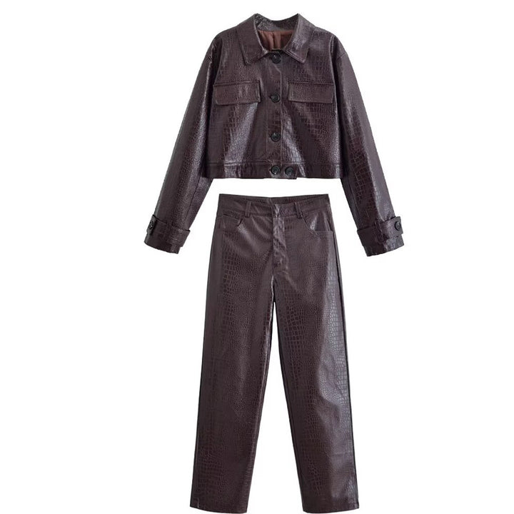 Women High-Waisted Straight-Leg Faux Leather Pants with Crocodile Embossing Mune Fashion