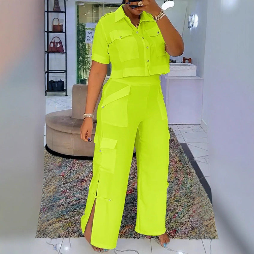 Women's two-piece shirt and cargo pants set with short oversized shirt, high waist, wide leg, and side leg slits Mune Fashion