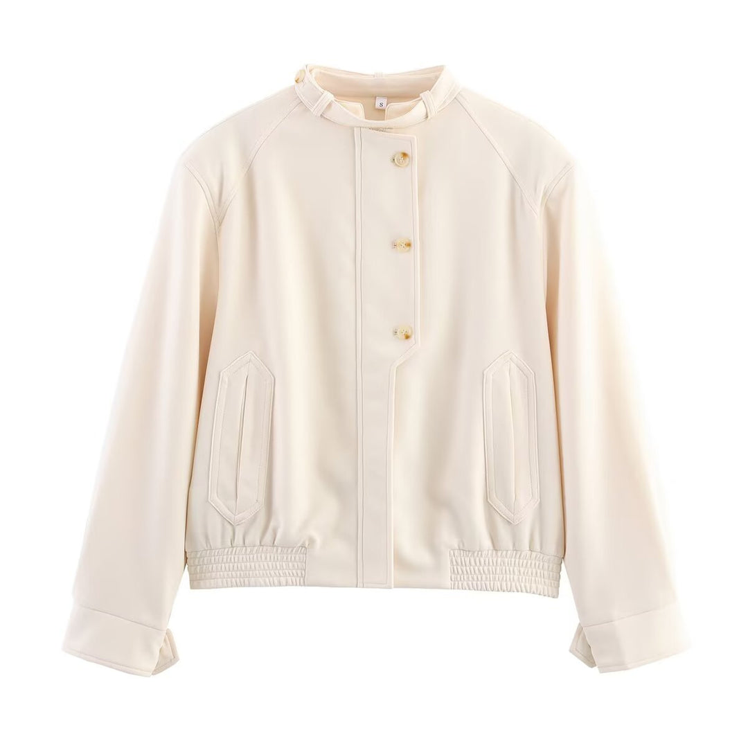 Women's bomber short jacket with stand-up collar, concealed button placket, and elastic hem Mune Fashion
