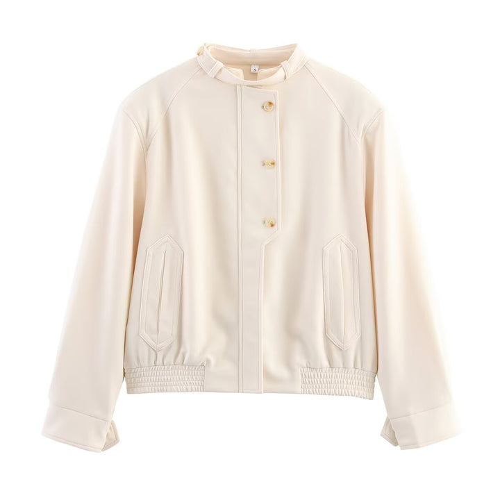 Women's bomber short jacket with stand-up collar, concealed button placket, and elastic hem Mune Fashion
