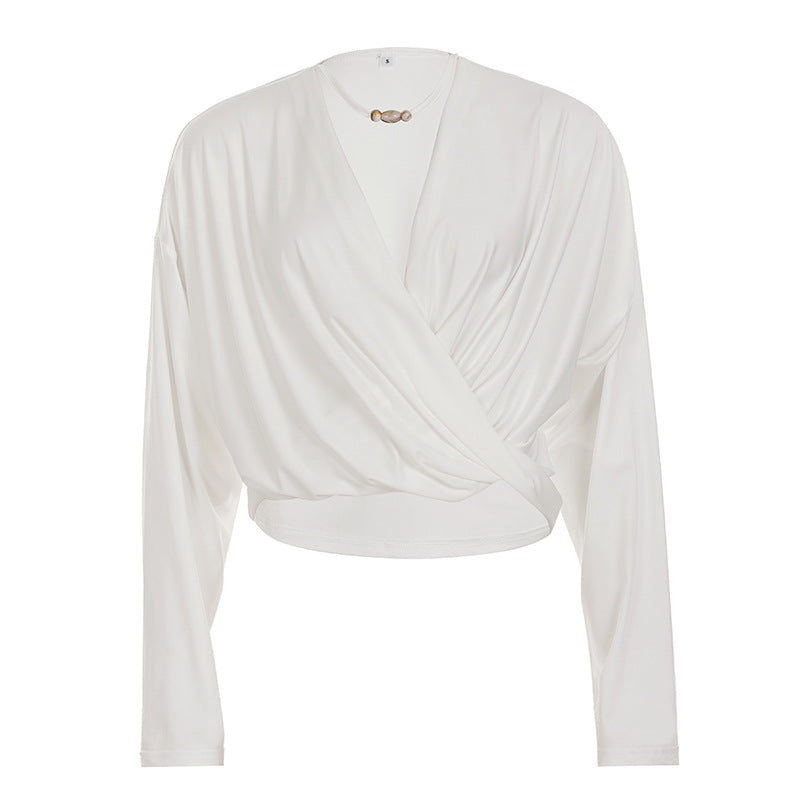 Women's Wrap Cropped Long Sleeve with Draped Front and Tailored Cut Mune Fashion