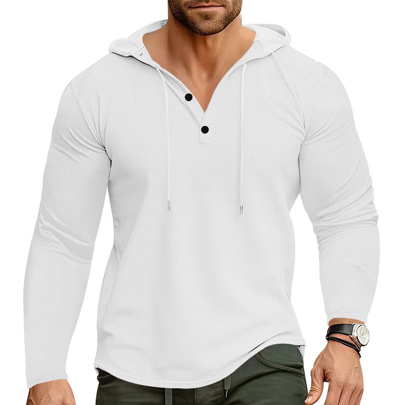 Men's body-hugging waffle texture Henley hoodie with half button placket and drawstring Mune Fashion