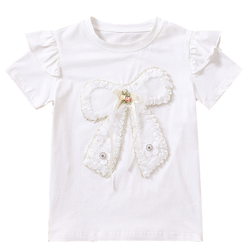 Girls T-shirt with decorative ruffle design and artistic bow motif Mune Fashion