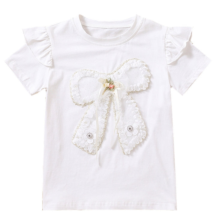 Girls T-shirt with decorative ruffle design and artistic bow motif Mune Fashion