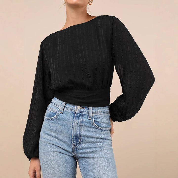 Women's Backless Blouse Top with Back Slit, Waistband and Structured Stripes Mune Fashion
