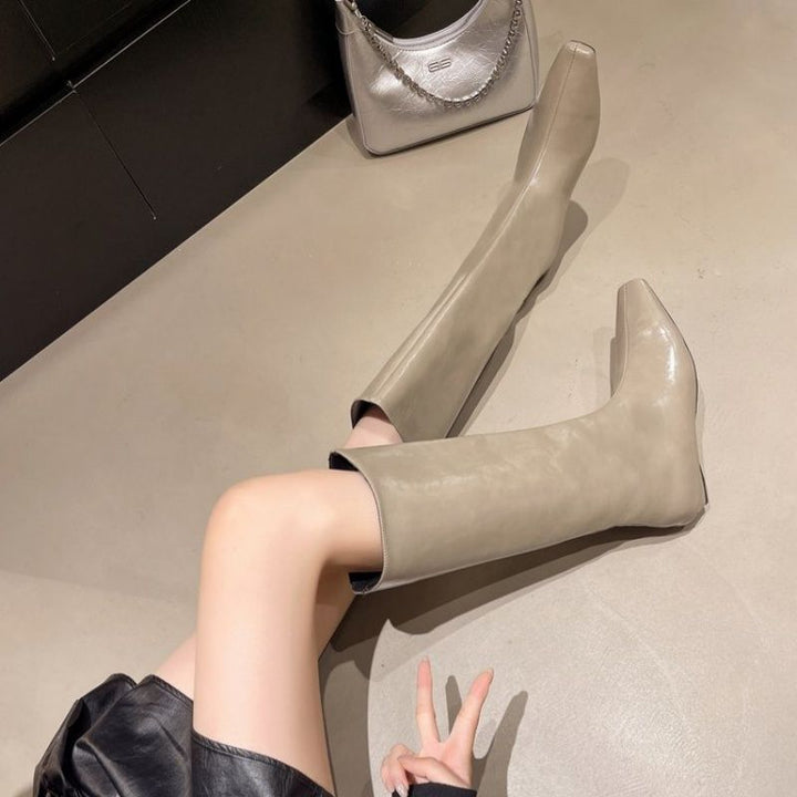 Women's midi ankle boots with pointed toe shape, suede look and sleek wedge heel Mune Fashion