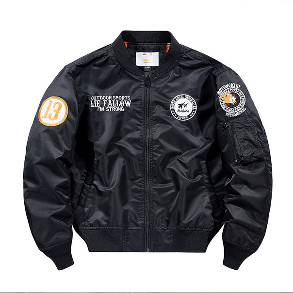 Men's lightweight pilot bomber jacket with badge appliqués, arm pocket, and ribbed cuffs Mune Fashion