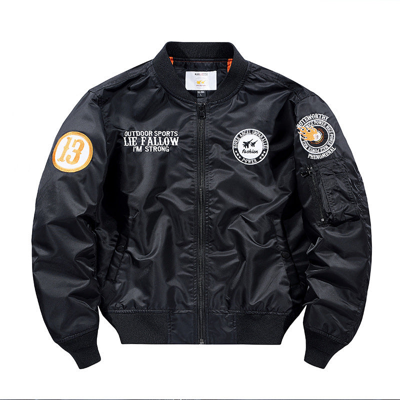 Men's lightweight pilot bomber jacket with badge appliqués, arm pocket, and ribbed cuffs Mune Fashion